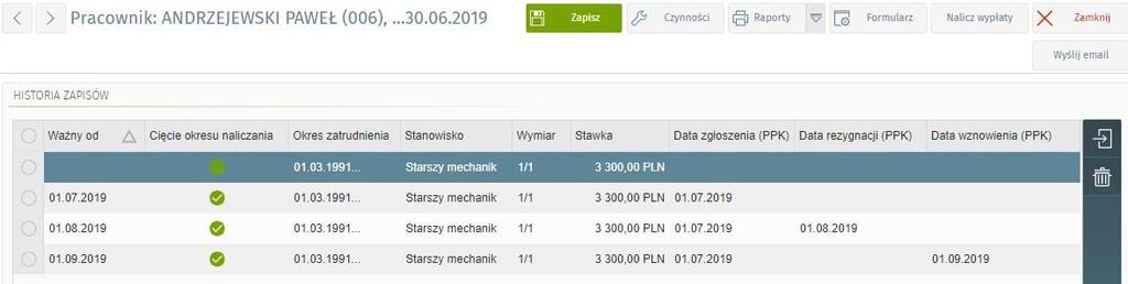 Dodatkowo na zakładce Historia zapisów można wyświetlić informacje o dacie zgłoszenia, dacie rezygnacji, dacie wznowienia przystąpienia do PPK. 4.Kartoteka pracownika/ppk/historia zapisów 8.