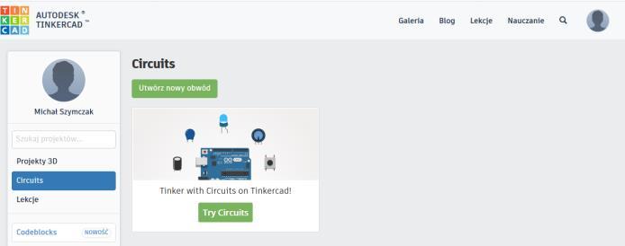 Rysunek 7 Strona projektu Po utworzeniu konta i zalogowaniu się pojawia się strona zawierające przykładowe projekty. Z lewej strony od loginem wybieramy link Circuits (rysunek 8).