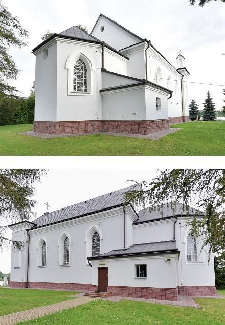 Kościół poświęcony 15 grudnia 1844 r., został wybudowany w stylu neogotyckim z wyposażeniem pochodzącym ze starego, drewnianego kościoła.