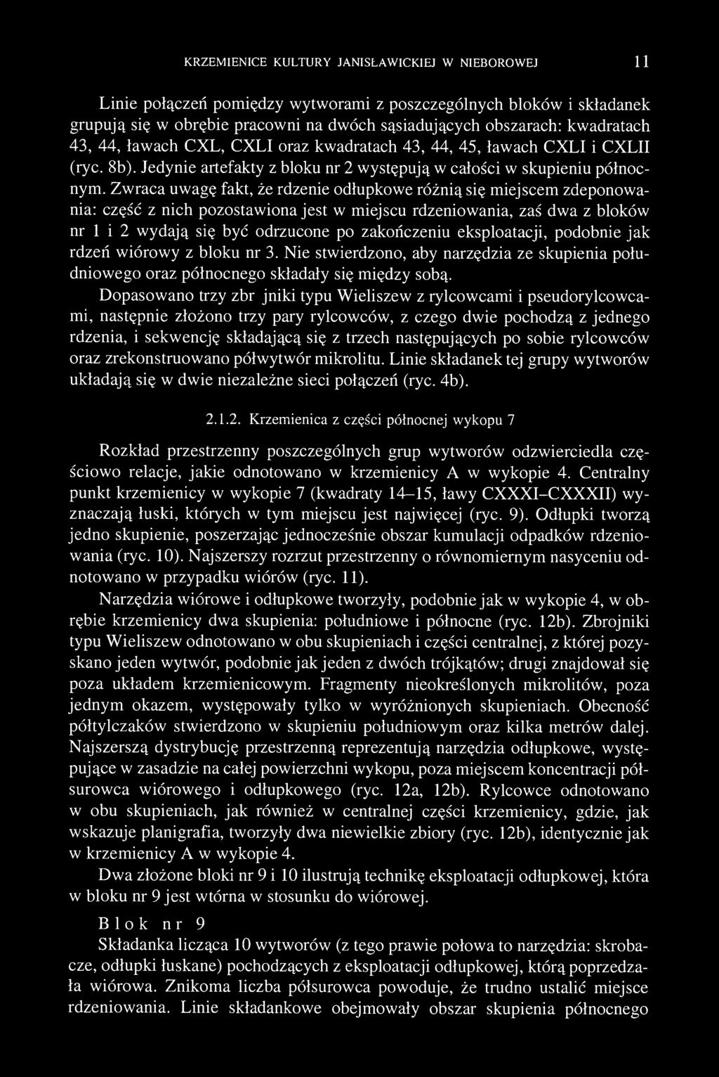 KRZEMIENICE KULTURY JANISŁAWICKIEJ W NIEBOROWEJ 11 Linie połączeń pomiędzy wytworami z poszczególnych bloków i składanek grupują się w obrębie pracowni na dwóch sąsiadujących obszarach: kwadratach