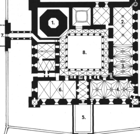 Ryc. 11. Typowy zamek krzyżacki. 1. Wieża główna (stołp), 2. Dormitorium, 3.