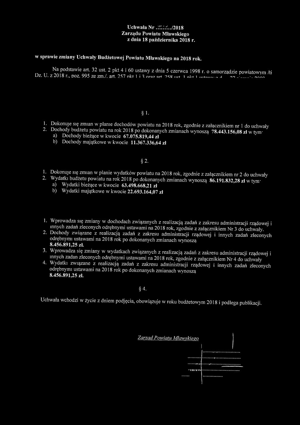 Uchwała Nr /2018 Zarządu Powiatu Mławskiego z dnia 18 października 2018 r. w sprawie zmiany Uchwały Budżetowej Powiatu Mławskiego na 2018 rok. Na podstawie art. 32 ust.