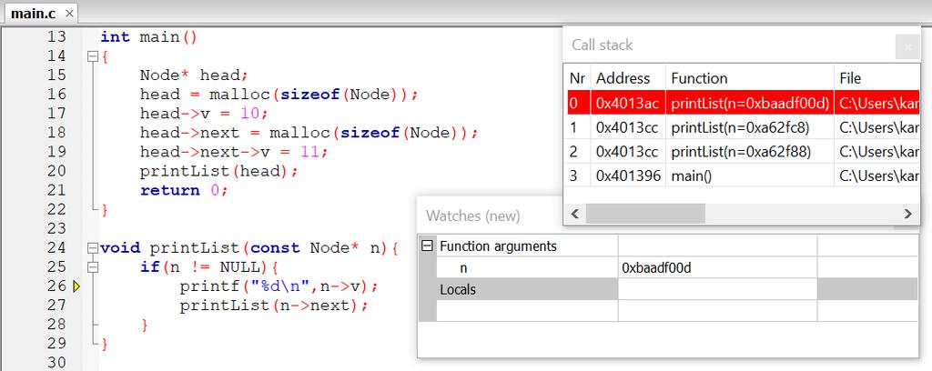 Debugowanie awarii Debugger zatrzymał się w miejscu, w którym nastąpiła błędna instrukcja (linia 26) Wskaźnik n ma wartość