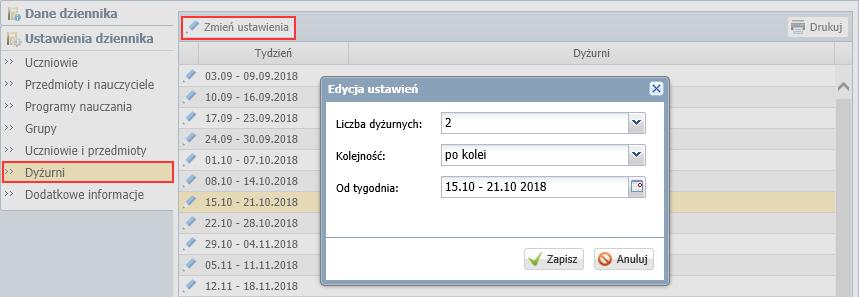 uczniów? Strona Dyżurni Na stronie Dyżurni można ustalić zasady wyznaczania dyżurnych na kolejne tygodnie. 1.