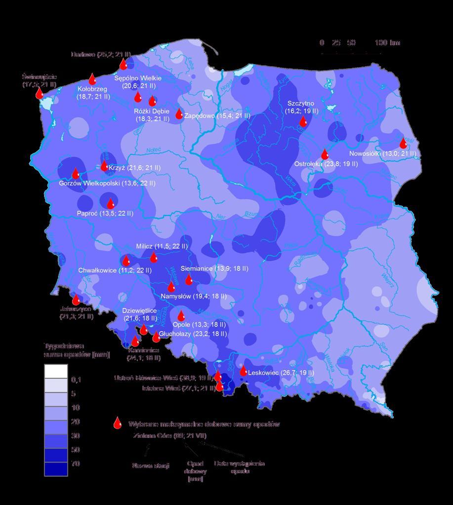 dobowe sumy opadów (w okresie