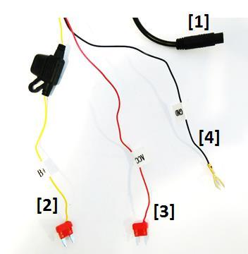 OPIS PODŁĄCZENIA [1] - Wtyczka podłączenie do kamery [2] - B+ Przewód podłączany pod instalacje pojazdu (zasilanie stałe +12V) [3] - ACC - Przewód podłączany do zasilania pojawiającego się po