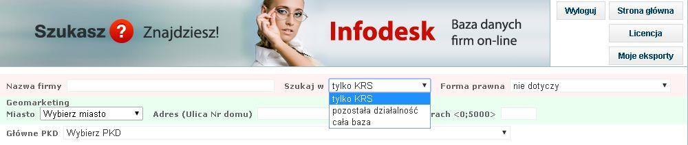 Rozpoczynając korzystanie z systemu możemy podjąć decyzję czy wyszukujemy wyłącznie podmioty zarejestrowane w KRS, pozostałe czy wszystkie, pole wyboru znajdziemy w pierwszym wierszu systemu: