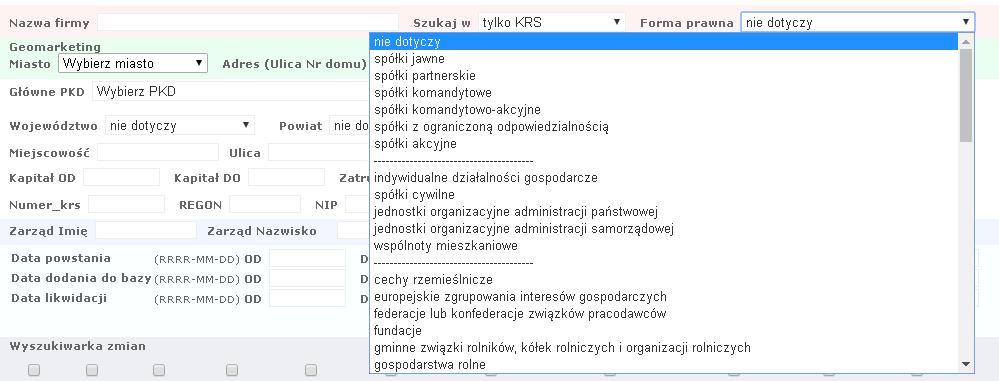 Możemy wybrać podmioty, które prowadzą działalność w określonej branży wskazując główne