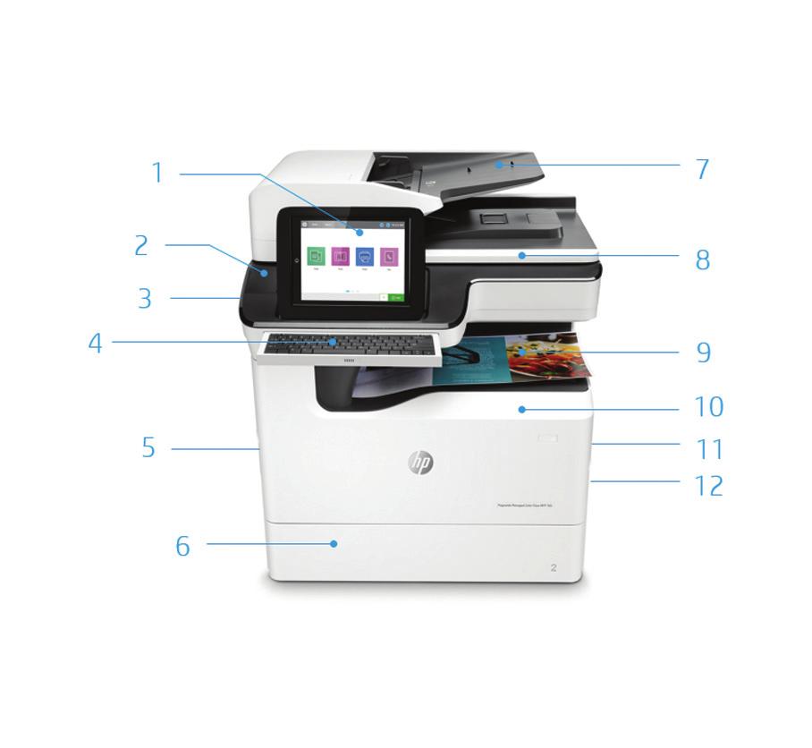 Przegląd produktu Na ilustracji przedstawiono kolorowe urządzenie wielofunkcyjne HP PageWide Enterprise Flow 785f 1. Kolorowy, obracany ekran dotykowy o przekątnej 20,3 cm (8,0 cali) 2.