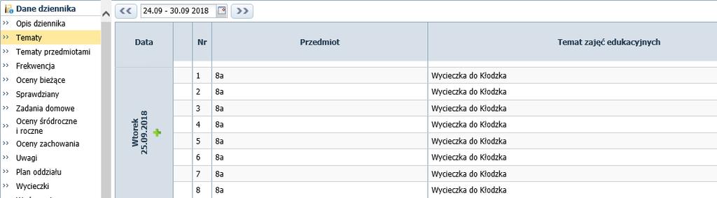 nie pojechali ze swoim oddziałem na wycieczkę? 2/8 Po zatwierdzeniu wycieczki w dzienniku oddziału 8a, na stronie Tematy pojawi się informacja o wycieczce oddziału.