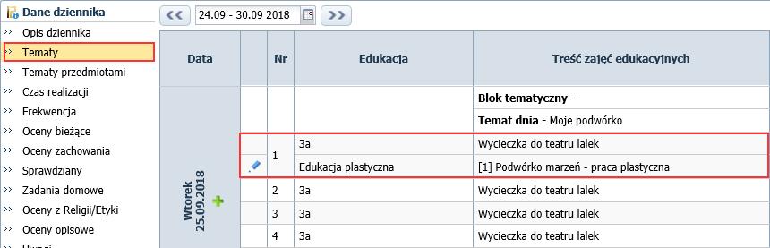 Wyświetl stronę Tematy w wybranym dzienniku oddziału i obejrzyj wpisy w dniu wycieczki.