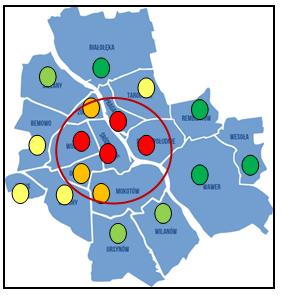 Zróżnicowanie zagrożenia ryzykiem klimatycznym wg dzielnic - Dzielnice o najniższym zagrożeniu klimatycznym - Dzielnice o niskim zagrożeniu klimatycznym - Dzielnice o