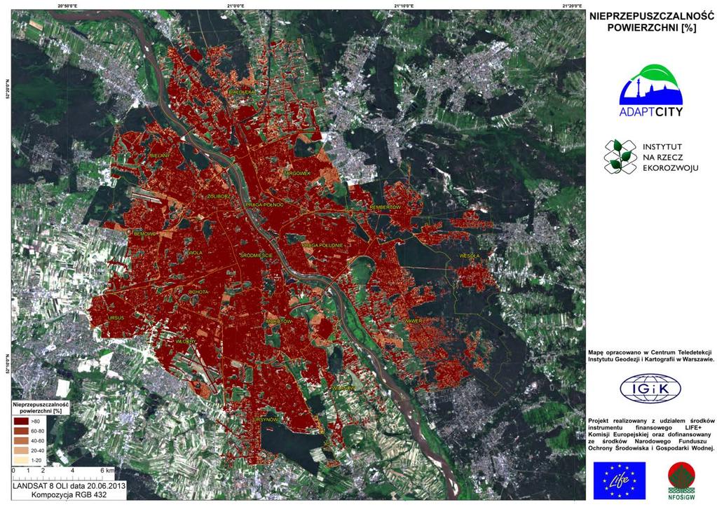 Nieprzepuszczalność powierzchni (%) Około 40% powierzchni Warszawy nie przepuszcza 80% wody do gruntu.