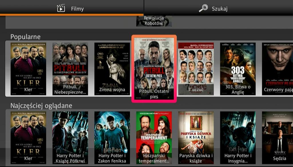 Polecane filmy VOD widoczne są również w górnej części ekranu w sekcji VOD. Poza standardowymi kategoriami (typu: Horrory, Komedie, etc.