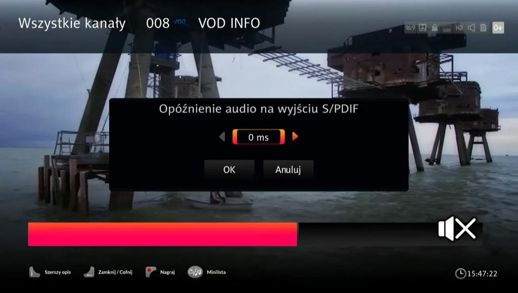 Opóźnienie SPDIF umożliwia ustawienie opóźnienia pomiędzy obrazem a dźwiękiem odtwarzanym przez wyjście cyfrowe S/PDIF.