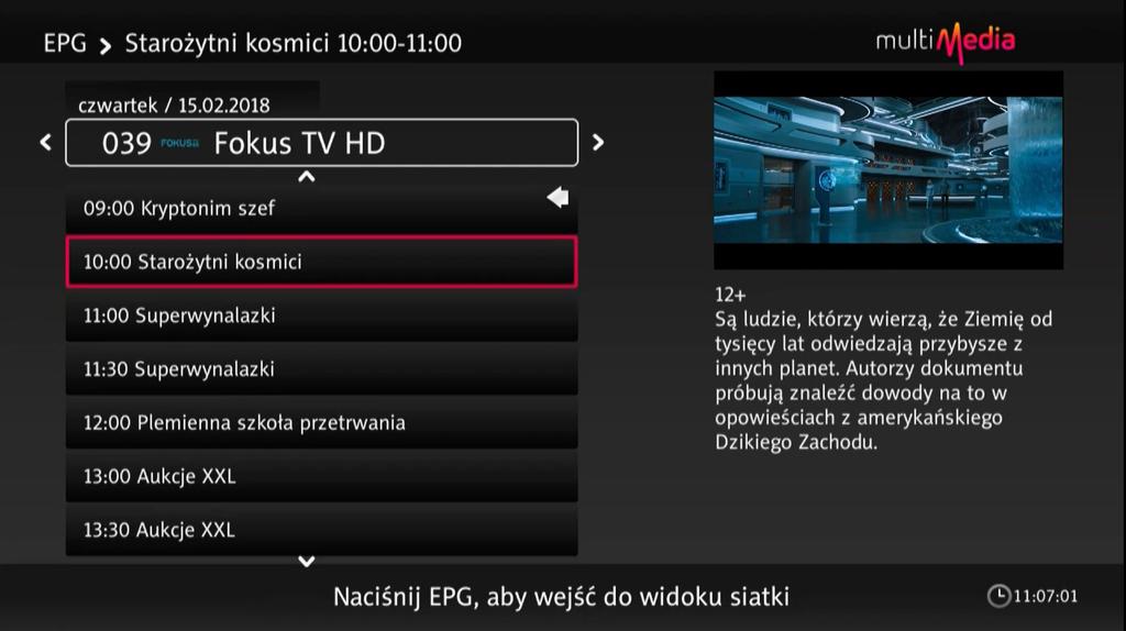 Po wciśnięciu klawisza OPT dostępne stają się m.in.: podgląd danego kanału pozostając w trybie Przewodnika (EPG), opcje wyszukiwania podobnych programów lub ustawienia przypomnienia o danym programie.