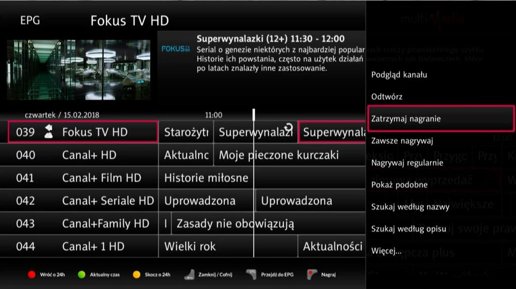 Jeżeli zmieniliśmy zdanie i chcemy zrezygnować z nagrywania pozycji, którą zaznaczyliśmy w EPG, należy ją podświetlić i wcisnąć klawisz OPT lub OK, a następnie z menu wybrać opcję Zatrzymaj nagranie.