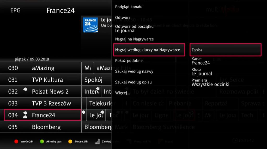 Po kliknięciu Zapisz, wszystkie programy na wskazanym kanale o takiej samej nazwie, jak wybrano (nazwa ta widoczna jest w pozycji Klucz), będą w miarę możliwości nagrywane aż do