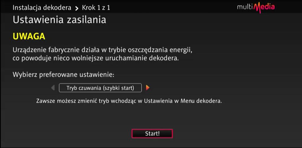 4. WŁĄCZENIE DEKODERA Przed włączeniem dekodera należy włączyć odbiornik telewizyjny oraz inny sprzęt z nim połączony, a następnie wcisnąć czerwony przycisk Power Włącz/Wyłącz na pilocie.