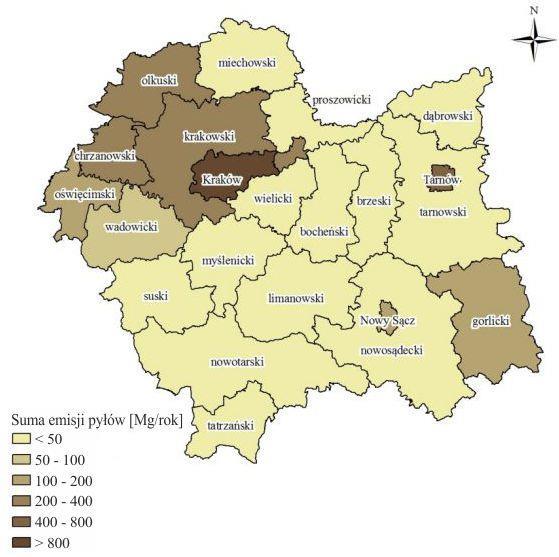 i miasta Tarnów. Na tle województwa małopolskiego powiat wielicki charakteryzuje się najniższą emisją wszystkich przedstawionych zanieczyszczeń tj.