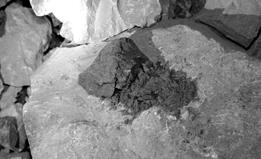 Na rysunku 2 przedstawiono bryłę dolomitu kawernistego pobraną z ociosu w rejonie przodka pasa P-70 a, rozkruszoną ręcznie. Rys. 2. Ręcznie rozkruszona bryła ociosowa 3.