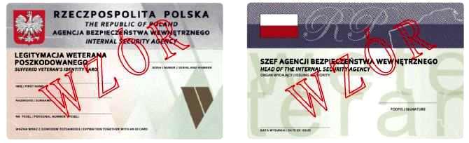 Wzór nr 64 LEGITYMACJA WETERANA POSZKODOWANEGO FUNKCJONARIUSZA AGENCJI BEZPIECZEŃSTWA WEWNĘTRZNEGO Legitymacja pozioma, w postaci karty o wymiarach 54 mm x 86 mm, wykonana na papierze syntetycznym,