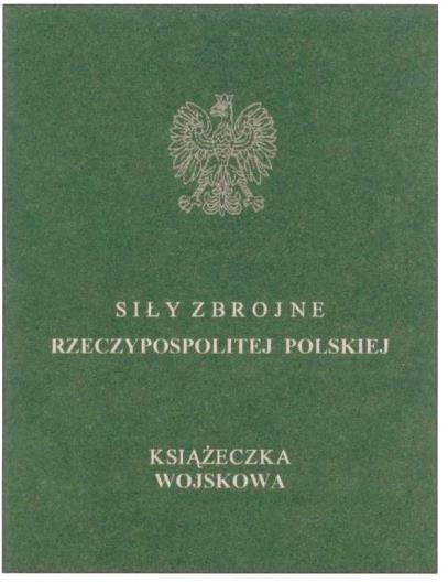 Wzór nr 10 KSIĄŻECZKA WOJSKOWA Książeczka wojskowa składa się z dwudziestu stron wraz z okładką o wymiarach 65 mm x 95 mm. Zewnętrzna strona okładki oklejona płótnem koloru zielonego.