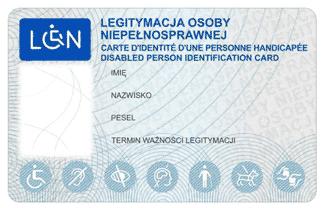 Wzór nr 23a LEGITYMACJA DOKUMENTUJĄCA NIEPEŁNOSPRAWNOŚĆ Awers Rewers Opis: 1.1 Legitymacja ma formę spersonalizowanej karty (układ poziomy) o wymiarach 54 85,6 mm. 1.2.Karta jest wykonana z poliwęglanu.