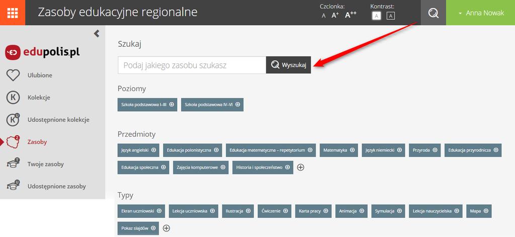 przycisk Wyszukaj, i/lub wybrać odpowiedni filtr*, do którego szukany zasób jest przypisany. * Zasoby edukacyjne regionalne można filtrować po katogorii i komponencie.