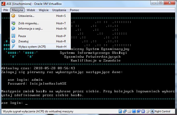 24. Po poprawnym zaimportowaniu danych arkusza treningowego zaleca się zamknięcie Wirtualnego Serwera Egzaminacyjnego (Autonomicznego Systemu Egzaminacyjnego) poprzez wybranie w oknie maszyny