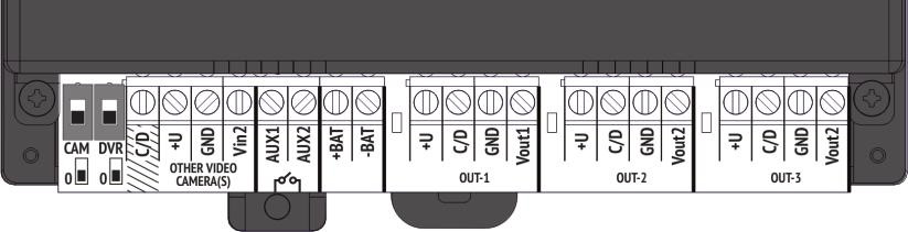 Komponenty (przycisk wyjścia) + Vcam (zewnętrzna kamera wideo) + AUX (urządzenia dodatkowe) + BAT (akumulator) + Doorbell (Dzwonek) + GONG (powiadomienie o połączeniu) są opcjonalne! Vout max. 24Va.c./24Vd.