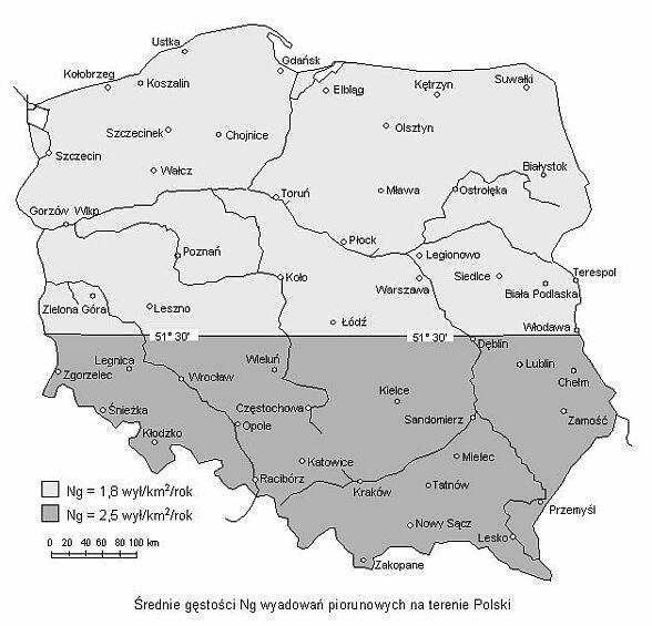 doziemnych wyładowań piorunowych przypadających na powierzchnię 1 km 2 na danym obszarze w ciągu roku.