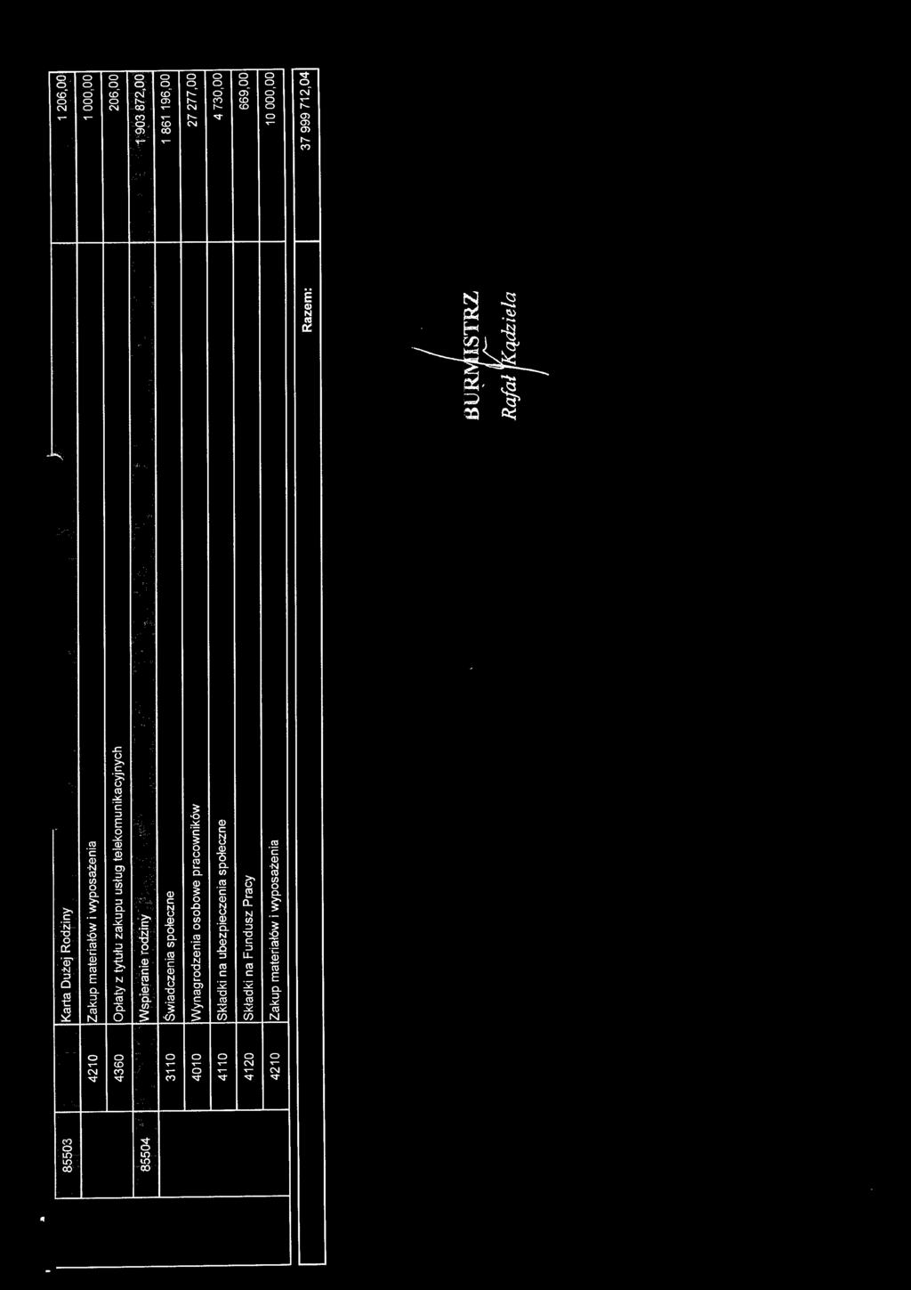 85503 Karta Dużej Rodziny \ l 'l 4210 Zakup materiałów i wyposażenia 1 ooooo 4360 Opłaty z tytułu zakupu usług telekomunikacyjnych 206,00 85504 Wspieranie rodziny 1903872,00 3110 Świadczenia