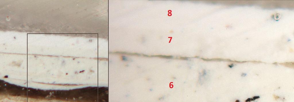Próbka nr 2. próbka rozwarstwiła się podczas opracowania, widoczna przestrzeń wypełniona żywicą miedzy warstwą 2 a 3.