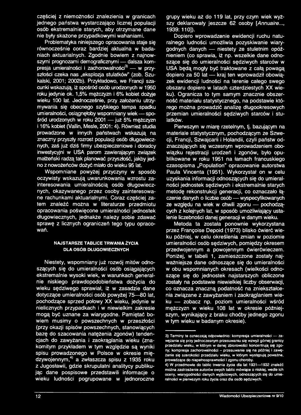 Jednocześnie, przy założeniu utrzymywania się obecnego szybkiego tempa spadku umieralności, osiągnęłoby wspomniany wiek spośród urodzonych w roku 2001 już 5% mężczyzn i 16% kobiet (Vallin, Mesie,