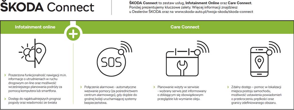 Z wybranych funkcjonalności ŠKODA Connect można skorzystać po zarejestrowaniu konta na portalu klienta https://skoda-connect.com/ oraz po zainstalowaniu aplikacji mobilnej ŠKODA Connect na smartfonie.