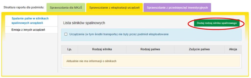 i zakładka EKSPLOATACJA URZĄDZEŃ, w której widoczne są w menu po lewej stronie pozycje: 1) Spalanie paliw w silnikach spalinowych urządzeń; 2) Emisja z innych urządzeń źródło: Poradnik dotyczący