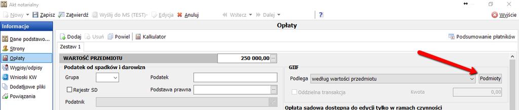 12 S t r o n a 5. Zakładka Opłaty w czynności > Sekcja GIIF Drugą zmianą w czynności jest sekcja GIIF z zakładki Opłaty.