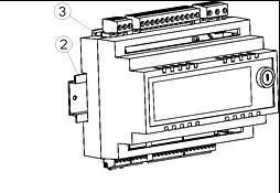 pewnie i nie jest możliwe jego odjęcie od szyny bez użycia narzędzia. Rys. 1 Osadzenie regulatora na szynie: 1- moduł wykonawczy, 2 szyna DIN TS35, 3 zaczepy.