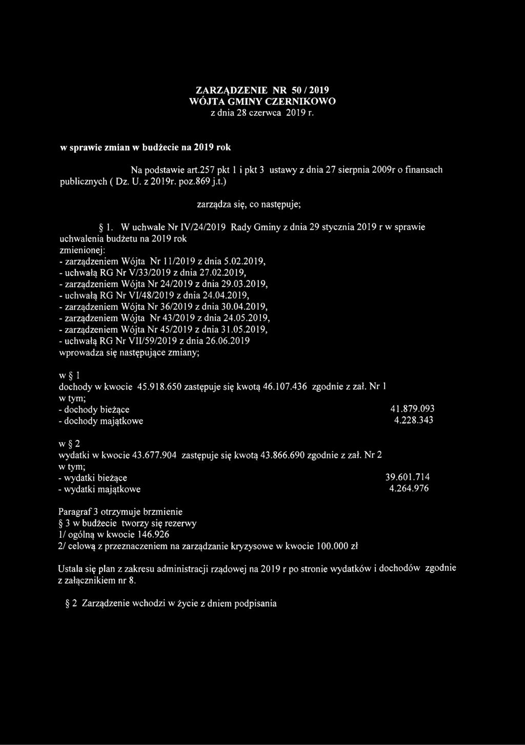 W uchwale Nr IV/24/2019 Rady Gminy z dnia 29 stycznia 2019 r w sprawie uchwalenia budżetu na 2019 rok zmienionej: - zarządzeniem Wójta Nr 11/2019 z dnia 5.02.2019, - uchwałą RG Nr W33/2019 z dnia 27.