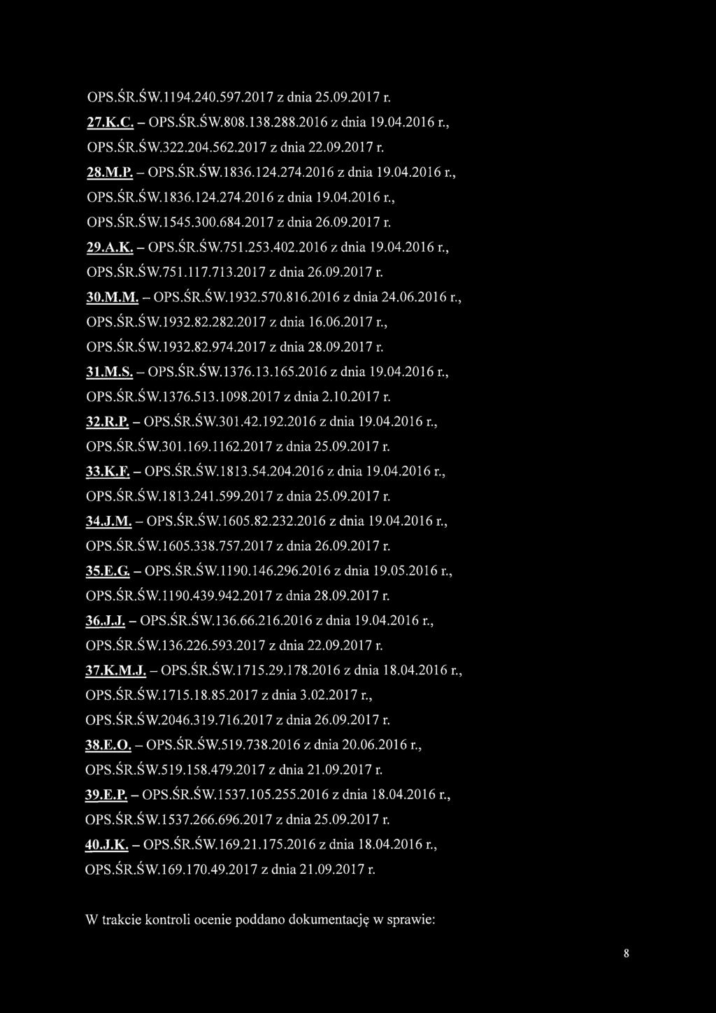 713.2017 z dnia 26.09.2017 r. 30.M.M. - OPS.ŚR.ŚW. 1932.570.816.2016 z dnia 24.06.2016 r., OPS.ŚR.ŚW. 1932.82.282.2017 z dnia 16.06.2017 r., OPS.ŚR.ŚW. 1932.82.974.2017 z dnia 28.09.2017 r. 31.M.S. - OPS.ŚR.ŚW. 1376.