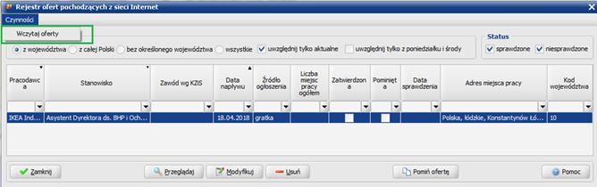 1.0 Zmiana miała na celu aktualizację formatu komunikatów typu PpOfertaZatrudnSpozaUrz (Zielona Linia) do wersji 1.1.0. Okno PPiE0500L Rejestr ofert pochodzących z sieci Internet.