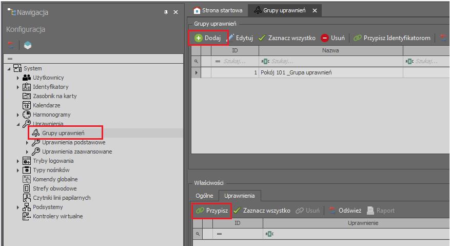 Uprawnienia można grupować. Jest to szczególnie przydatne w przypadku gdy użytkownik musi mieć przypisane kilka Uprawnień w momencie zameldowania (np.