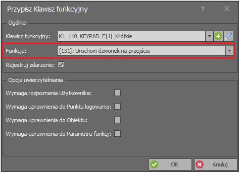 W otwartym oknie w polu Funkcja przypisz funkcję [131]: Uruchom dzwonek na przejściu. Zamknij okno przyciskiem OK.