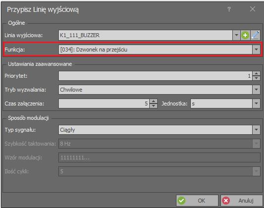 W otwartym oknie w polu Funkcja przypisz funkcję [034]: Dzwonek na przejściu. W polu Czas załączenia można zmienić czas sygnalizacji dźwiękowej dzwonka z wartości domyślnej 5s na inną.