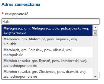 Adres zamieszkania kandydata Domyślnie w polu miejscowości pojawia się Kielce.