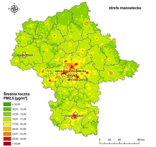 Rysunek 3 Rozkład stężeń PM10-rok na obszarze województwa mazowieckiego, cel: ochrona zdrowia (rok 2017) Źródło: Roczna ocena jakości powietrza w województwie mazowieckim.