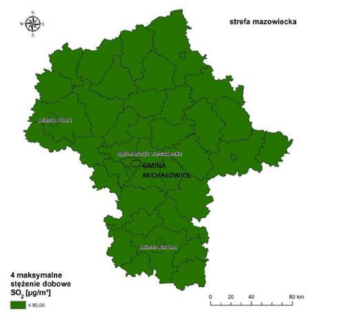Rysunek 7 Rozkład stężeń SO2-24h (4-te maksimum w roku) na obszarze województwa mazowieckiego, cel: ochrona zdrowia (rok 2017) Źródło: Roczna ocena jakości powietrza w województwie mazowieckim.