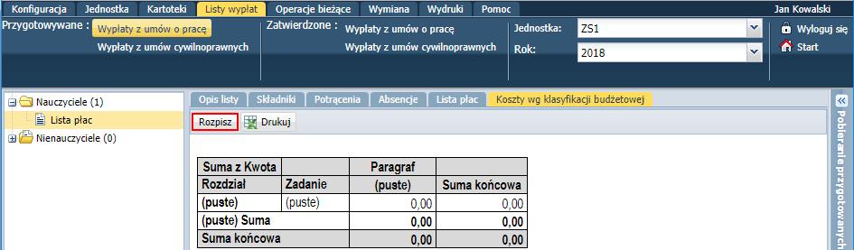 Rozpisywanie listy wypłat według klasyfikacji budżetowej przed zatwierdzeniem Listę