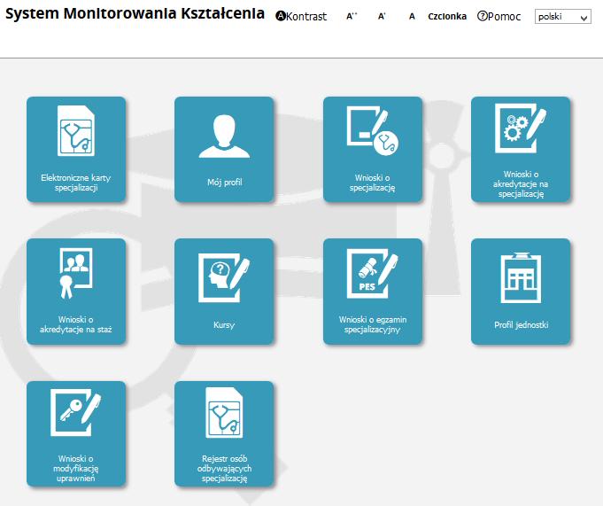 Rysunek 5. Menu główne roli Użytkownik i Kierownik placówki szkoleniowej 2.1.1.1 Nowy wniosek o akredytację do prowadzenia szkolenia specjalizacyjnego.